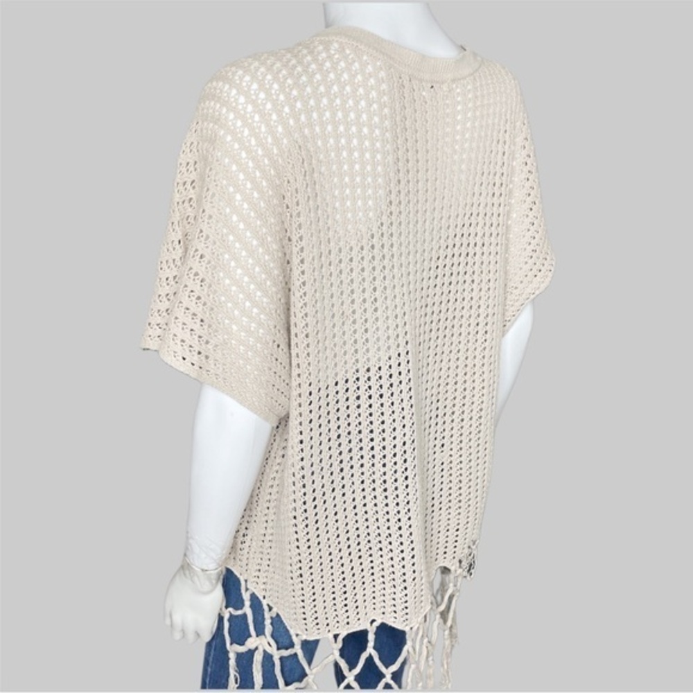 CAbi Beige V-Neck Knitted‎ Open Weave Beach Coverup With Fringe Detail - Picture 2 of 4